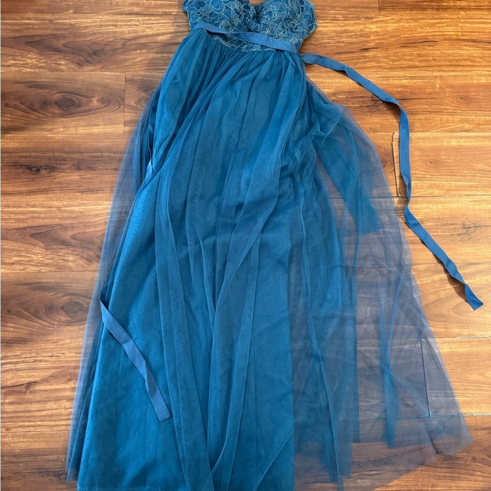 Jenny Yoo Strapless Teal Tulle Gown with Lace Bodice